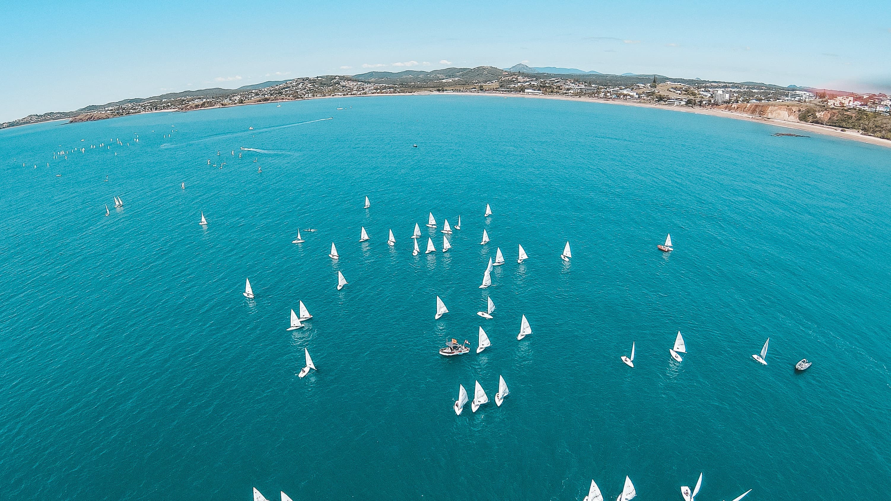 Aerial of Keppel Bay with sailing boats