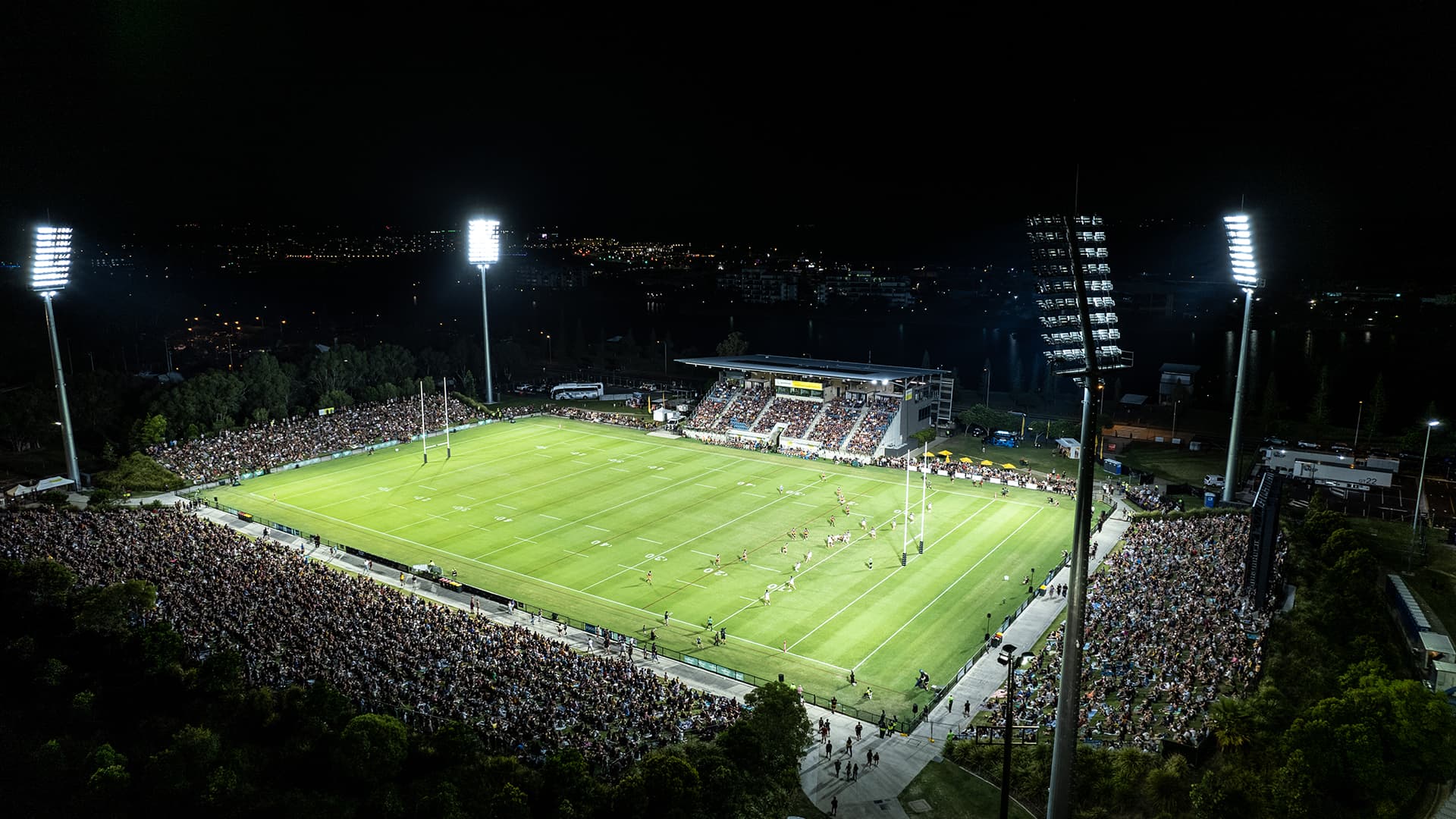 Aerial of the Sunshine Coast Stadium at night during an NRL game