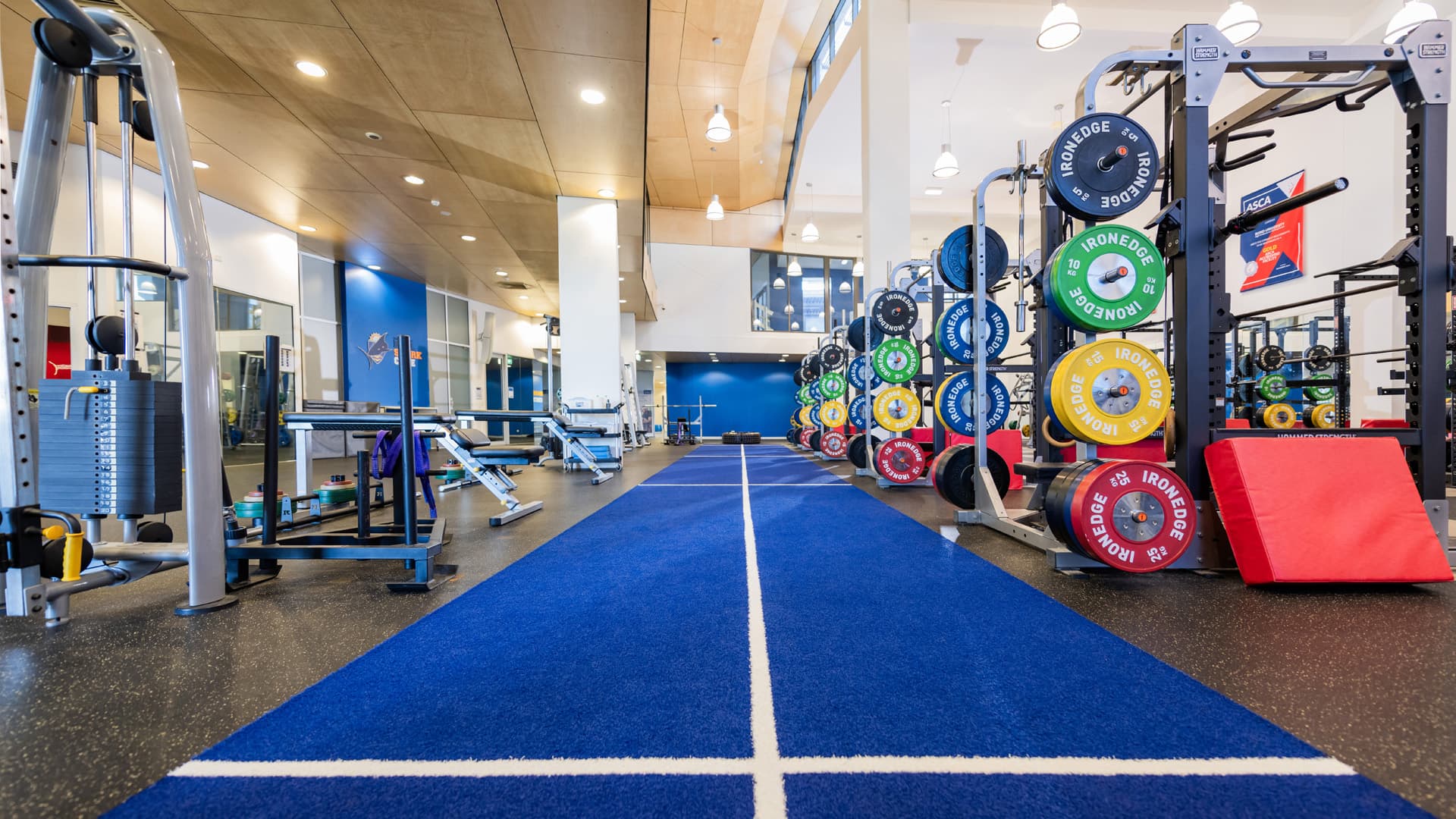 A wide angle view of Bond University gym with a running track and weight racks.