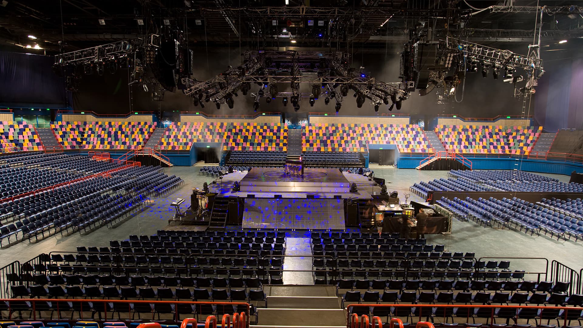 The interior of the Brisbane Entertainment Centre set up for a concert in the round.