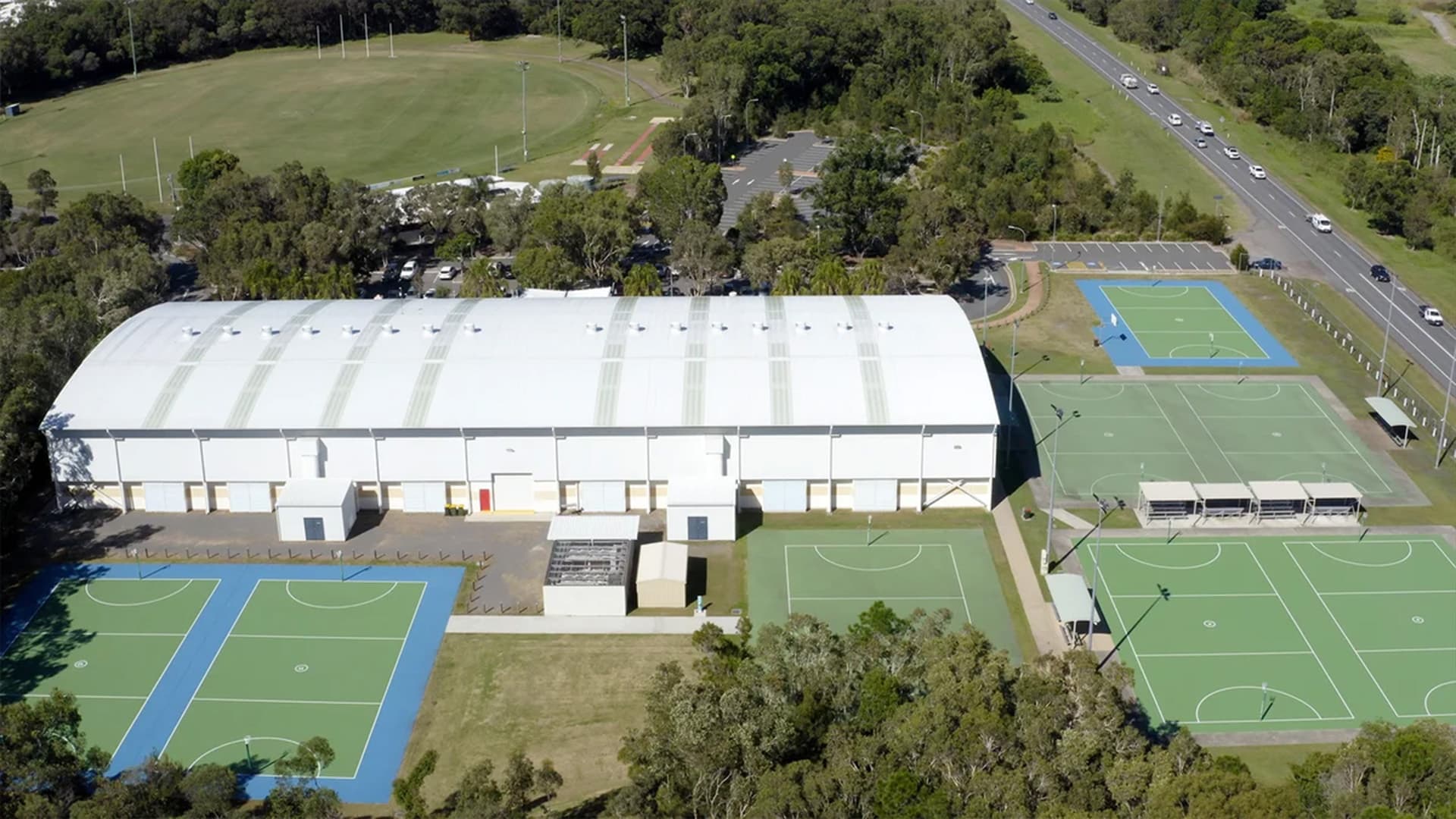 An aerial view of Caloundra Indoor Stadium and outdoor Netball courts.