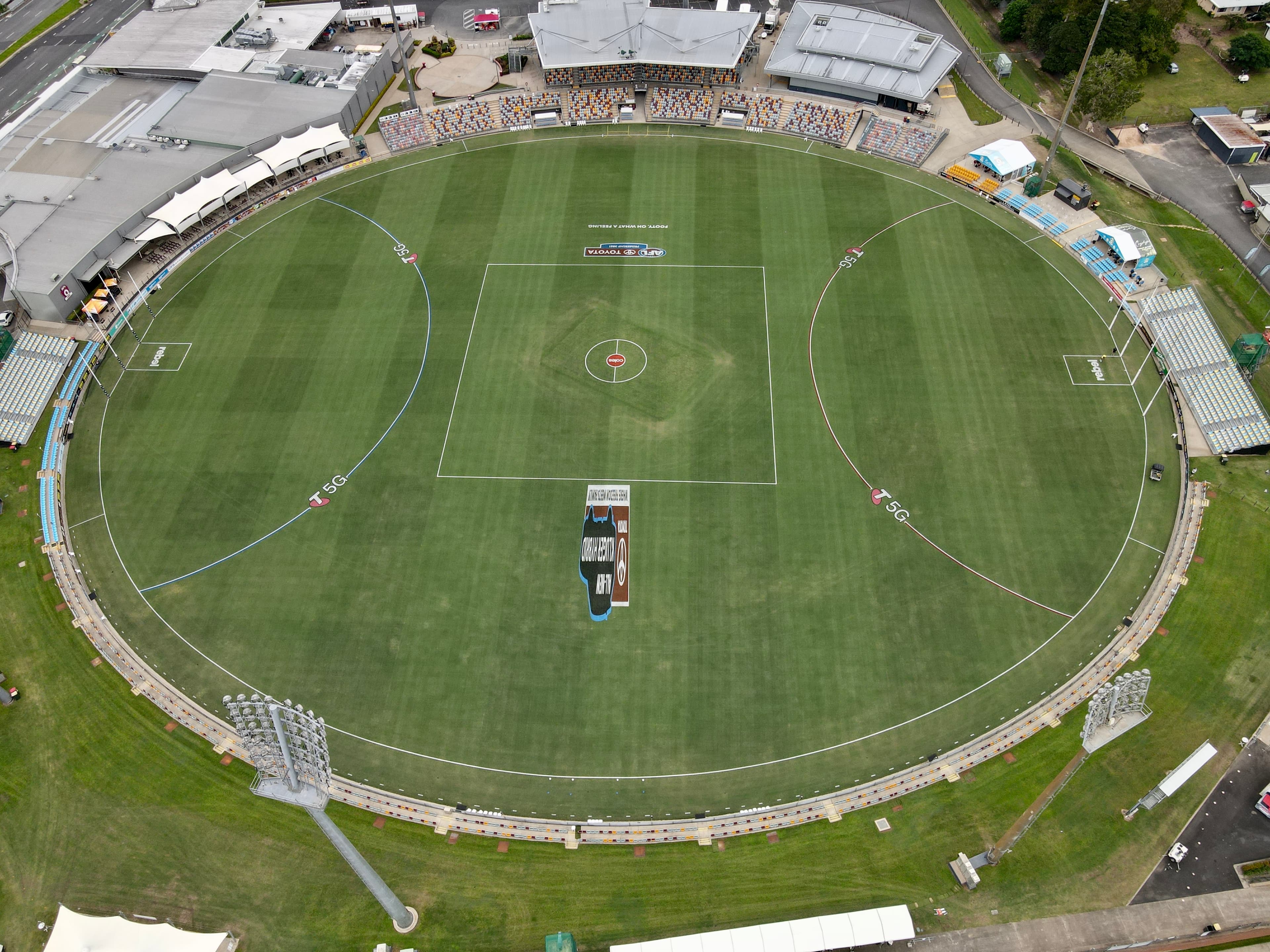 Aerial view of an oval stadium, Cazalys Stadium in Cairns