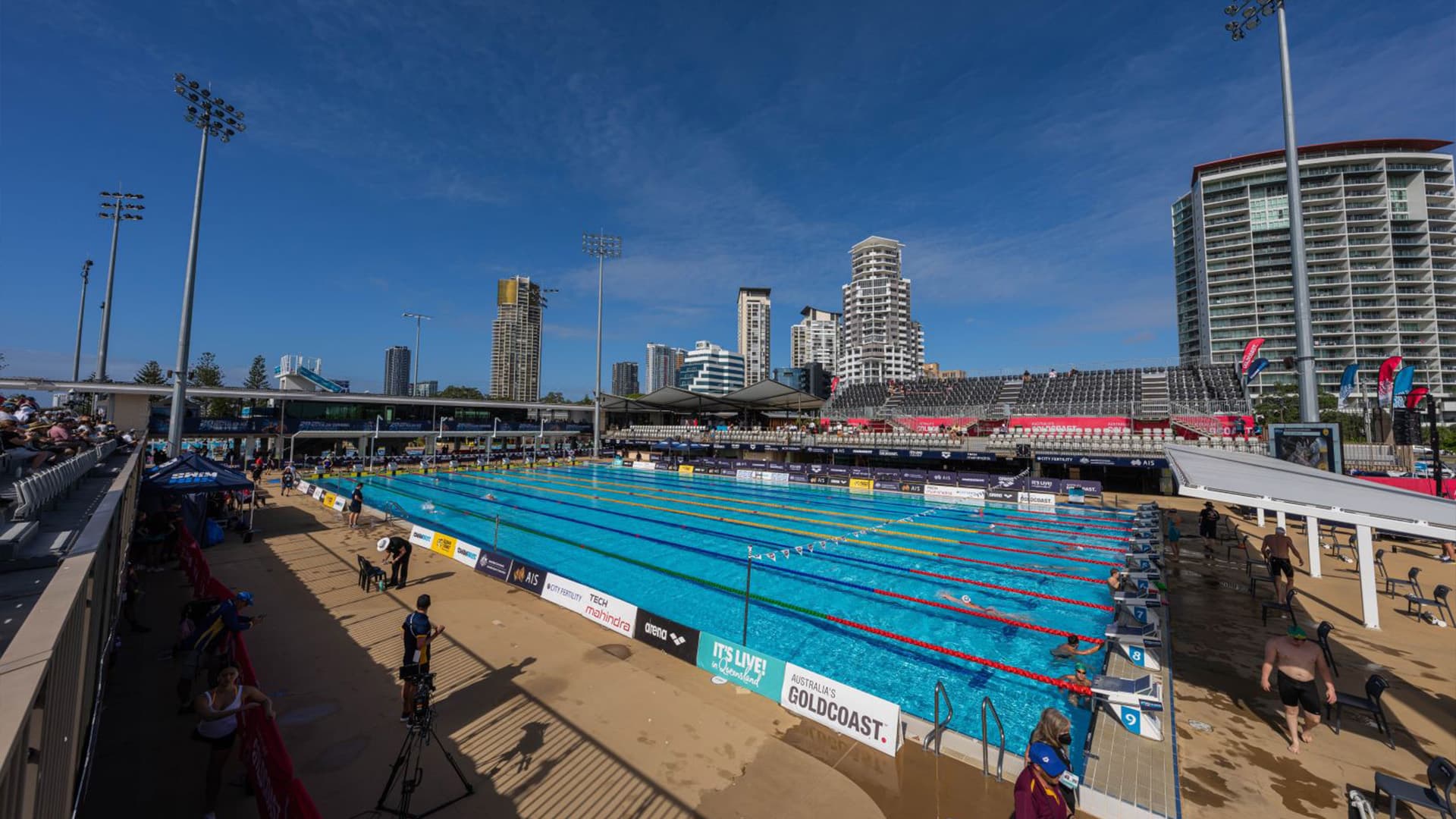 A wide angle view of the swimming pool at the Gold Coast Aquatic Centre.