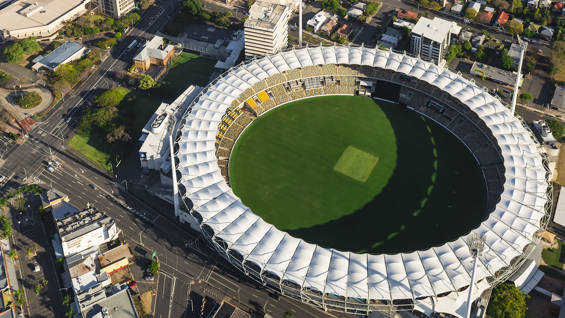 An aerial view of The Gabba during the day.