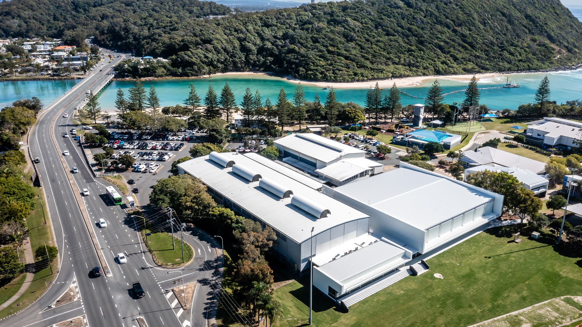 An aerial view of the Gold Coast Recreation Precinct with Tallebudgera Creek in the background.