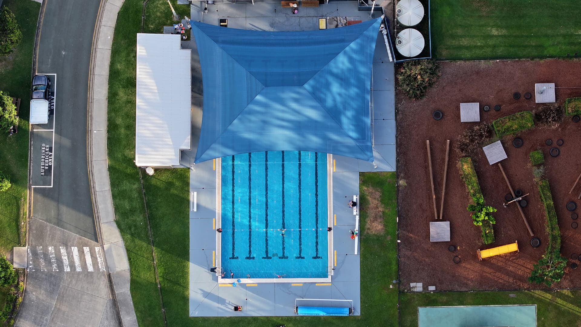 An aerial view of the swimming pool at the Gold Coast Recreation Precinct.