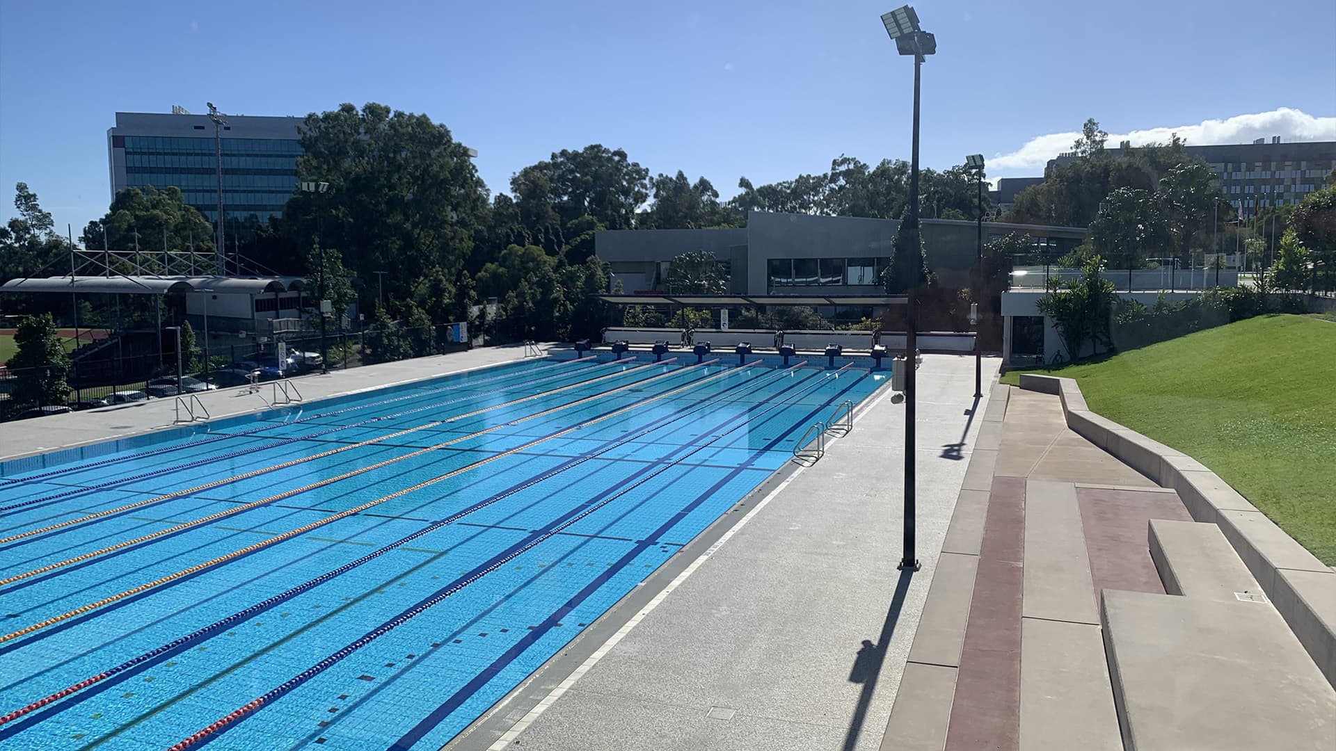 Long side view of the Griffith University Aquatic pool in Gold Coast.