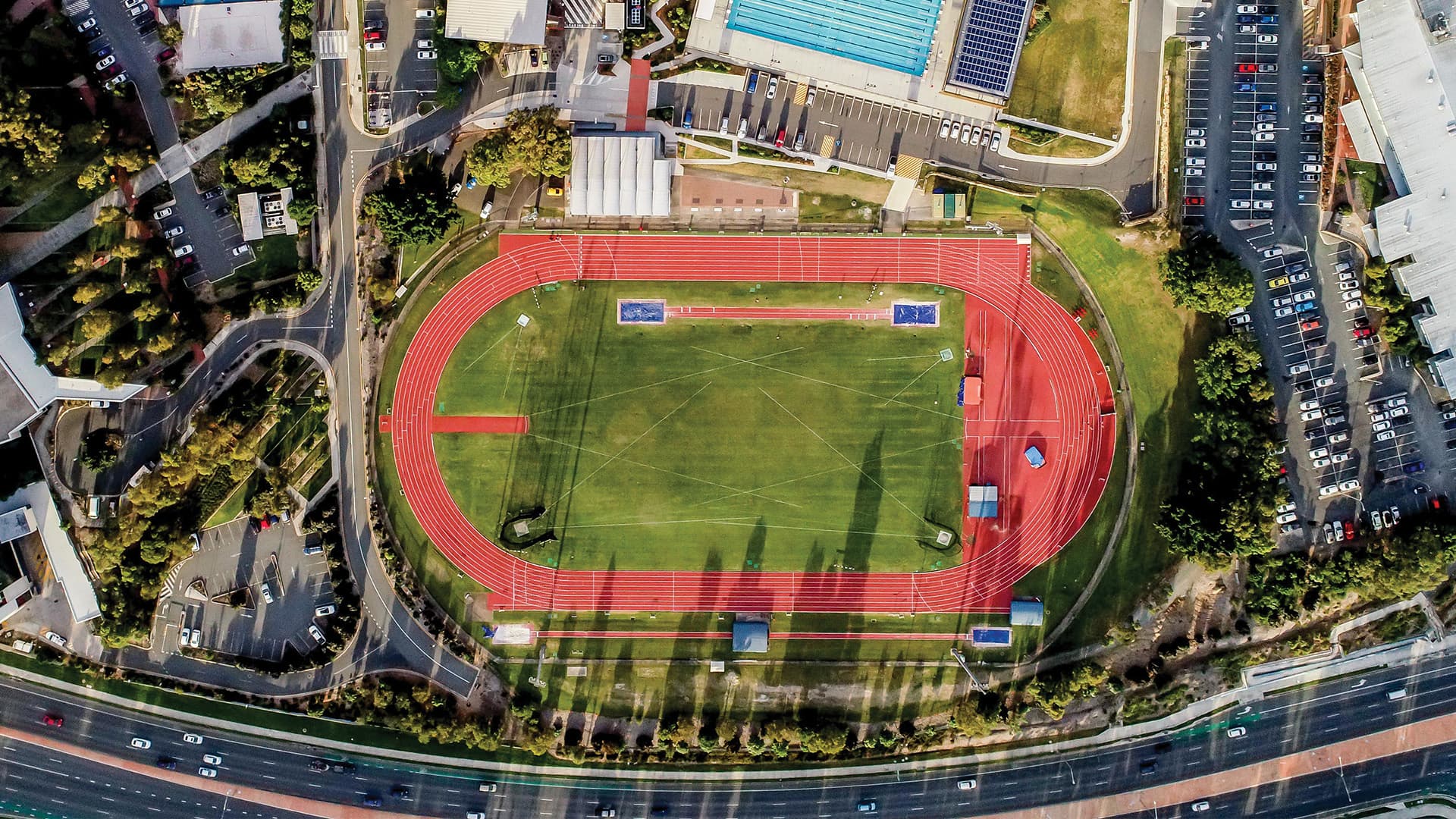 An aerial view of the athletics track at Griffith University Athletics Centre.