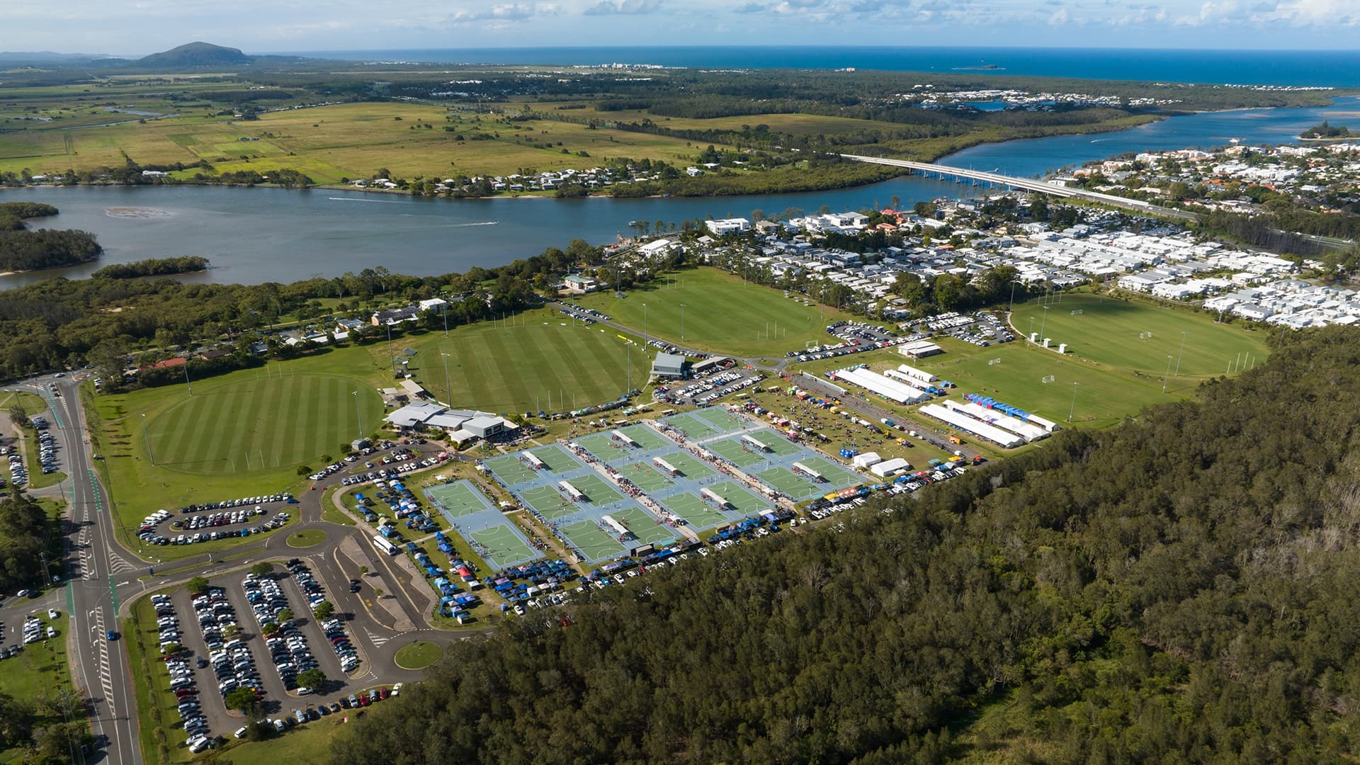 Aerial shot of the Maroochydore Multi Sport Complex showing netball courts, football fields and AFL ovals