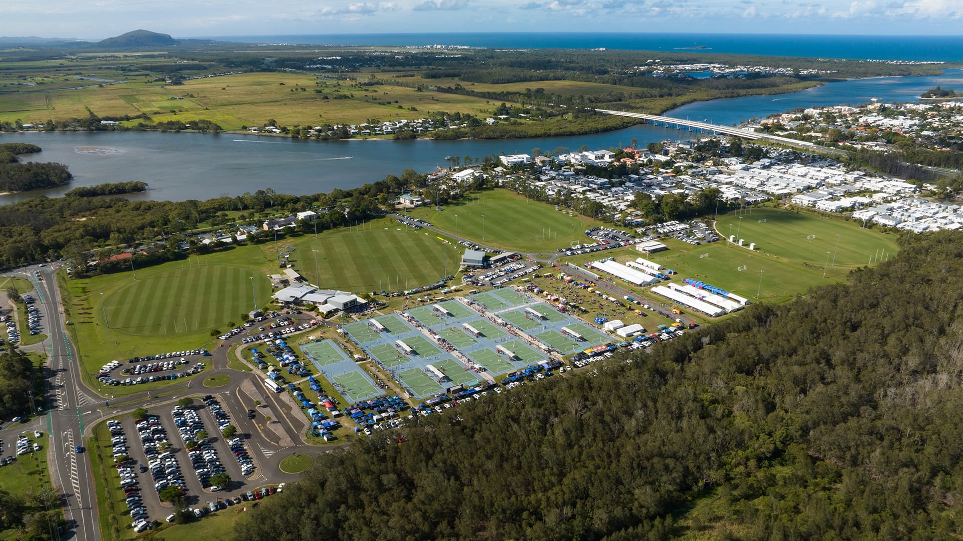 Aerial shot of the Maroochydore Multi Sport Complex showing netball courts, football fields and AFL ovals