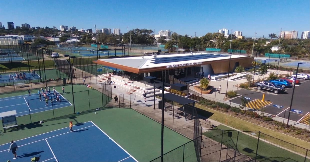 Clubhouse and courts at Sunshine Coast Tennis Centre