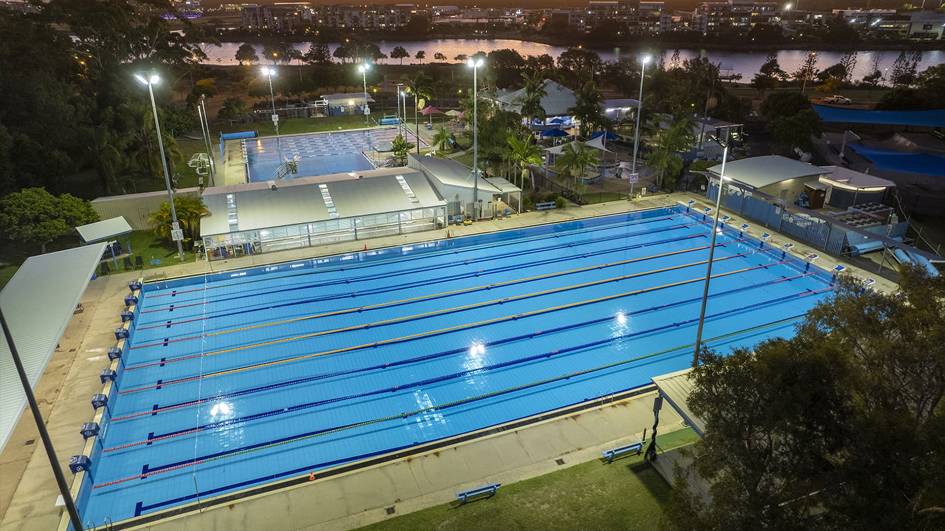 An aerial view of the swimming pool at Kawana Aquatic Centre.