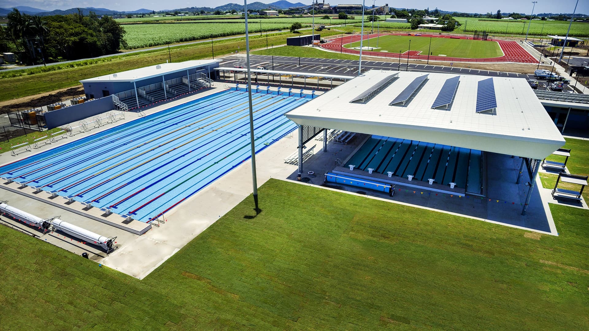 An aerial view of the swimming pool at Mackay Aquatic and Recreation Complex.