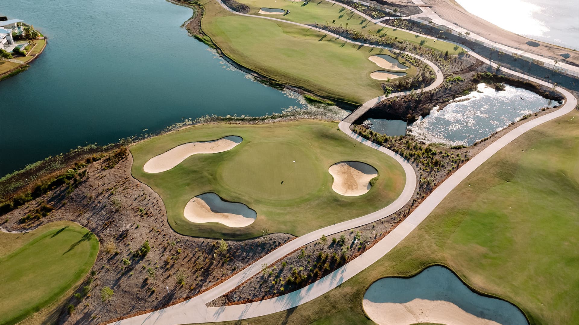 An aerial view of Pelican Waters Golf Course.