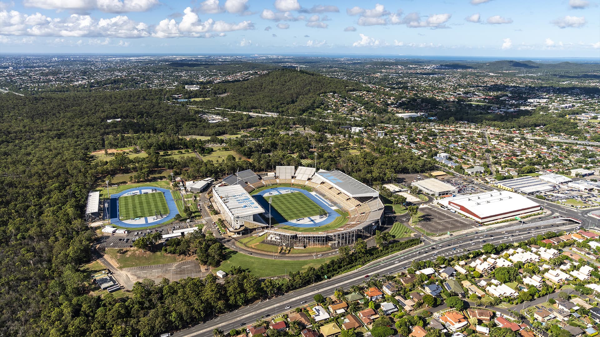 Aerial view of the Queensland Sport and Athletics Centre and track fields.