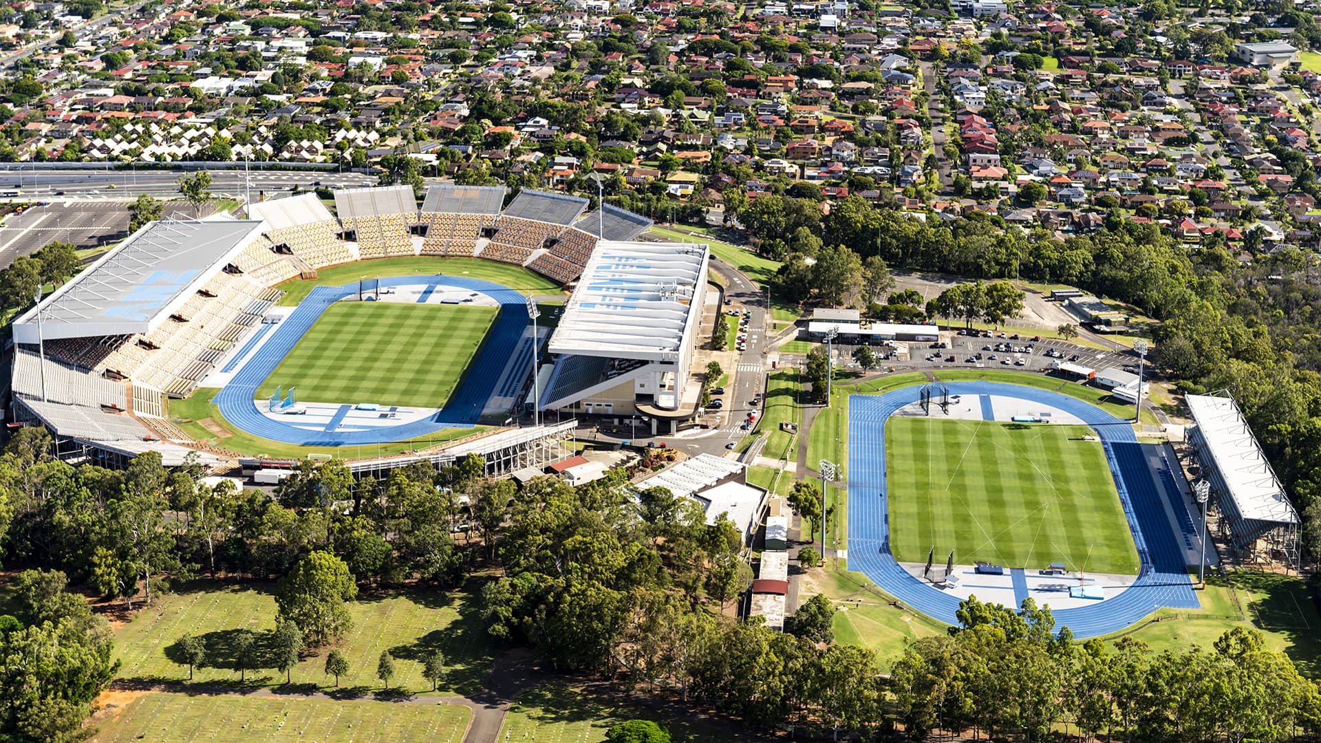 An aerial view of two athletics tracks at QSAC.