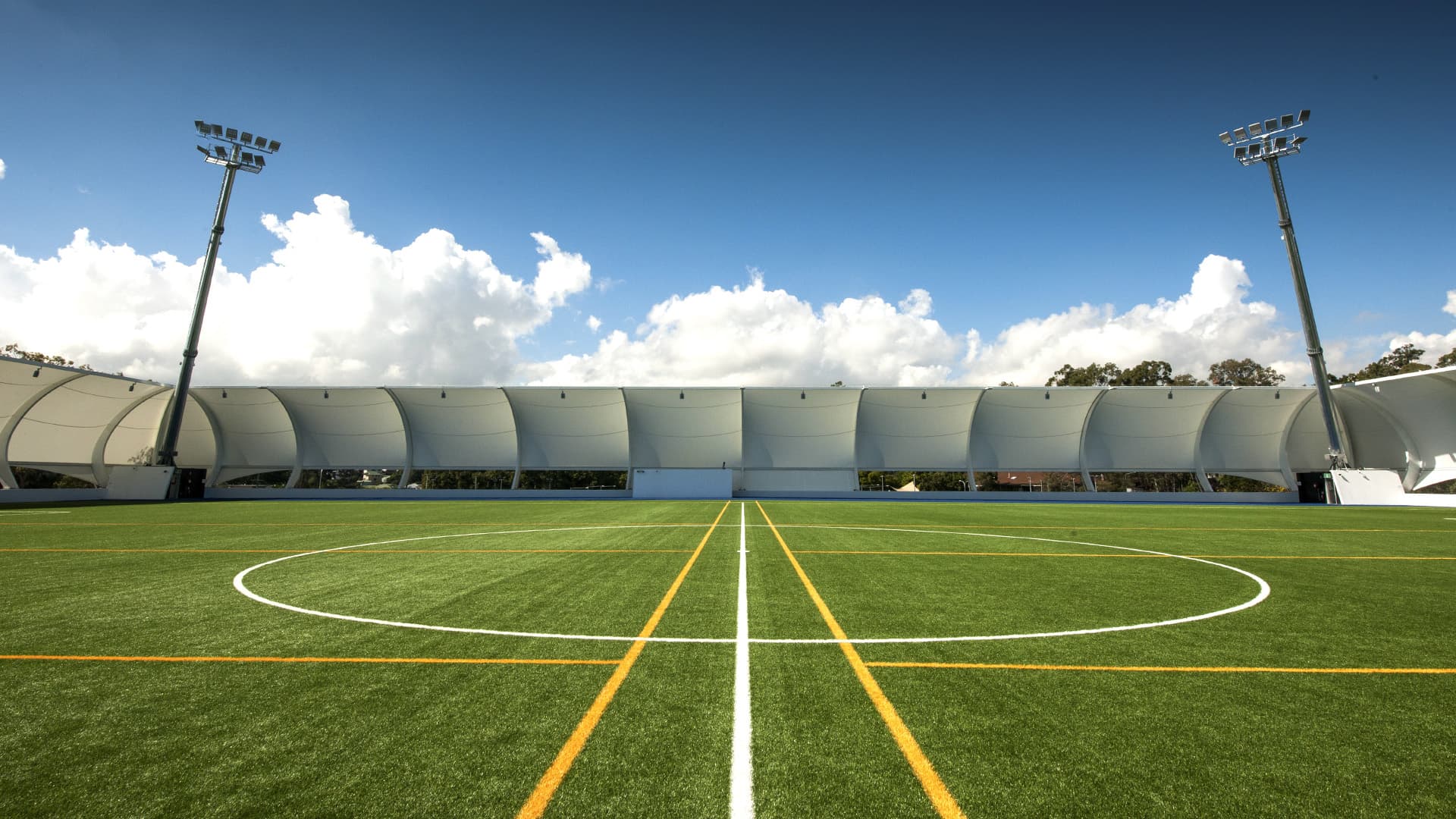 A wide angle view of the sports field at Queensland University of Technology Kelvin Grove Campus.