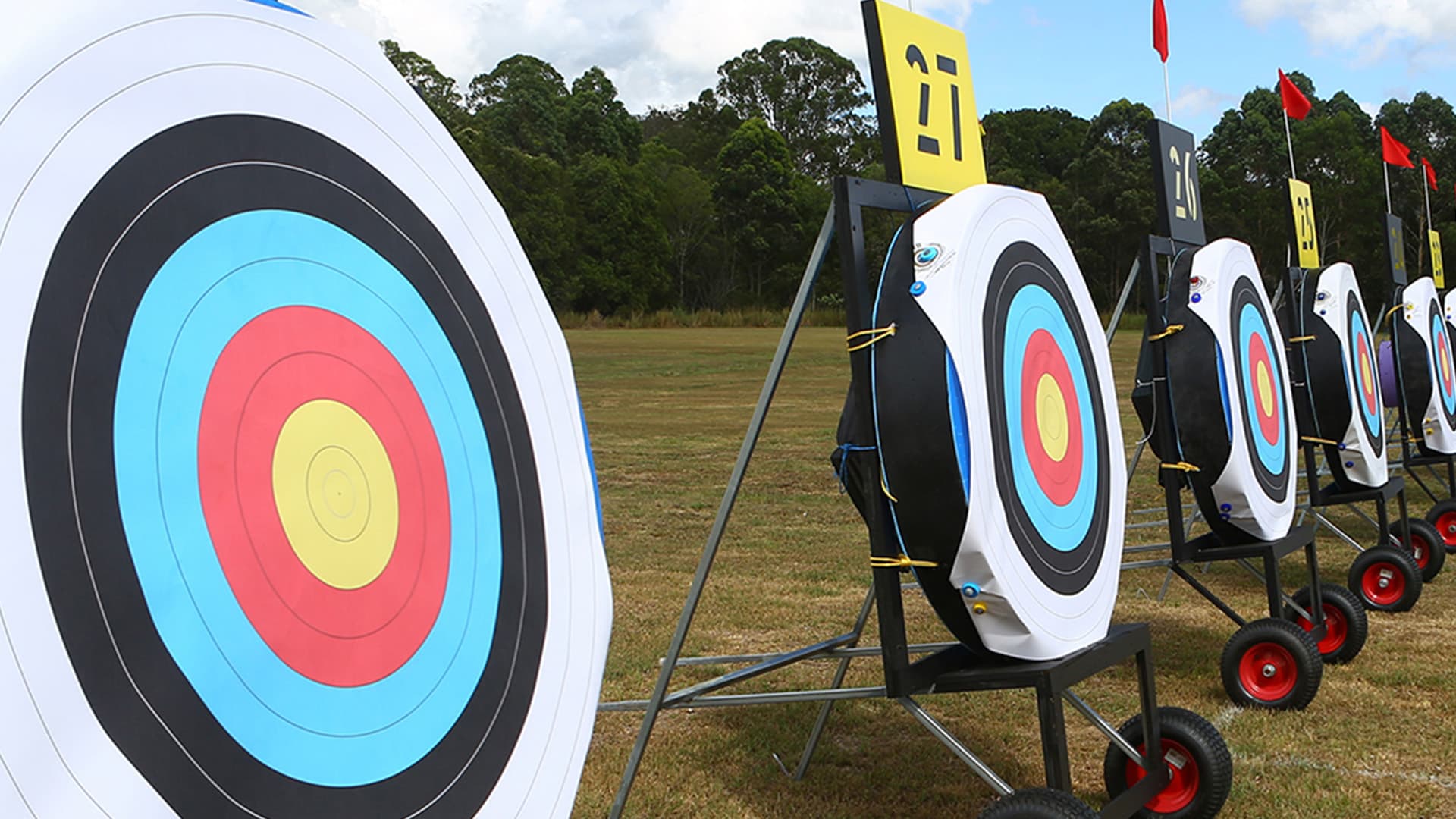 A close up view of six targets lined up on a field at Samford Valley Target Archers.