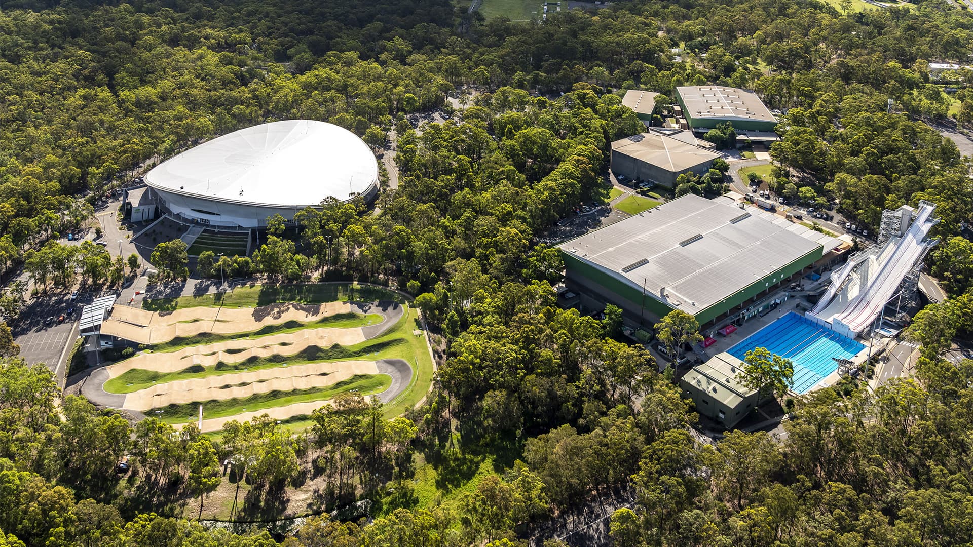 An aerial view of the Velodrome, bike track and Chandler Aquatic Centre at Sleeman Sports Complex.