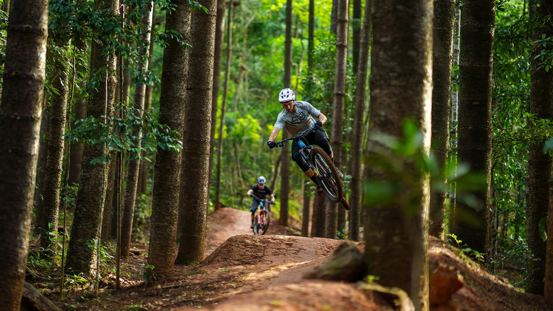 Two mountain bikers riding on the bike path through trees at Smithfield Mountain Bike Park.