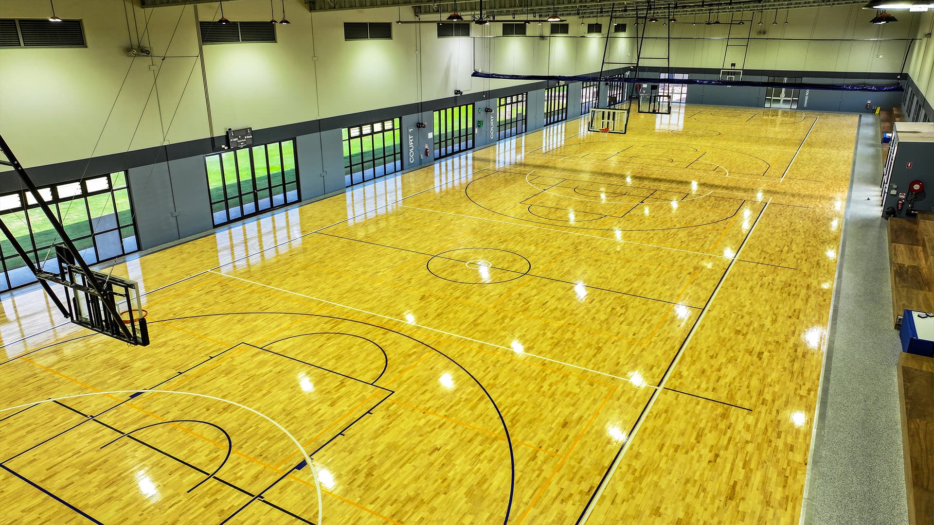 High view of the Sunshine Coast Recreation Precinct indoor basketball court. 