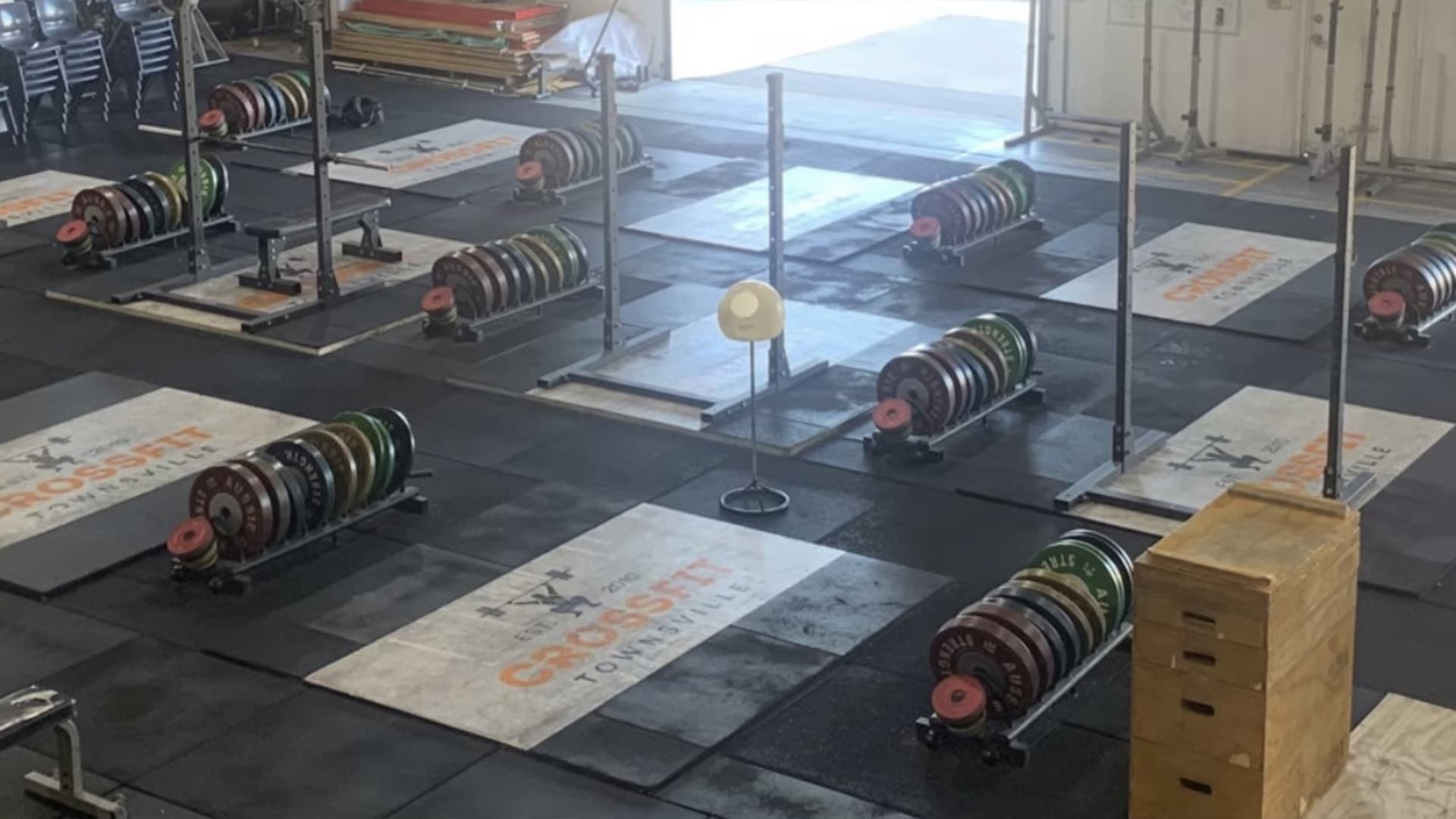 An aerial view of weight racks at Thunder Barbell Club.