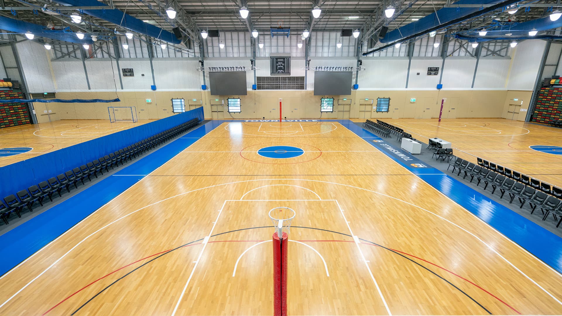 High view of the indoor Netball court at the Townsville Stadium. 