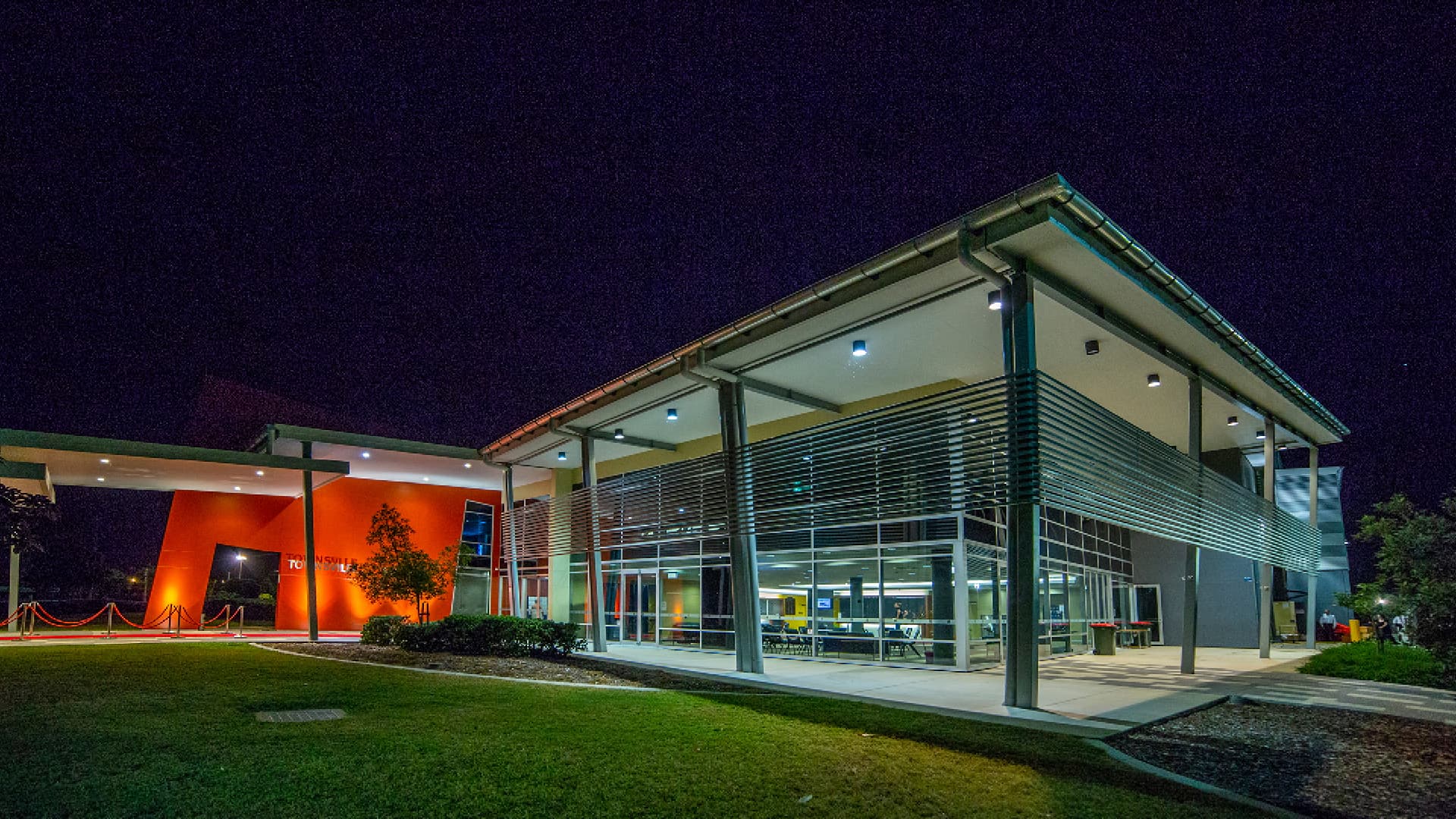 External view of the Townsville Stadium during the night.