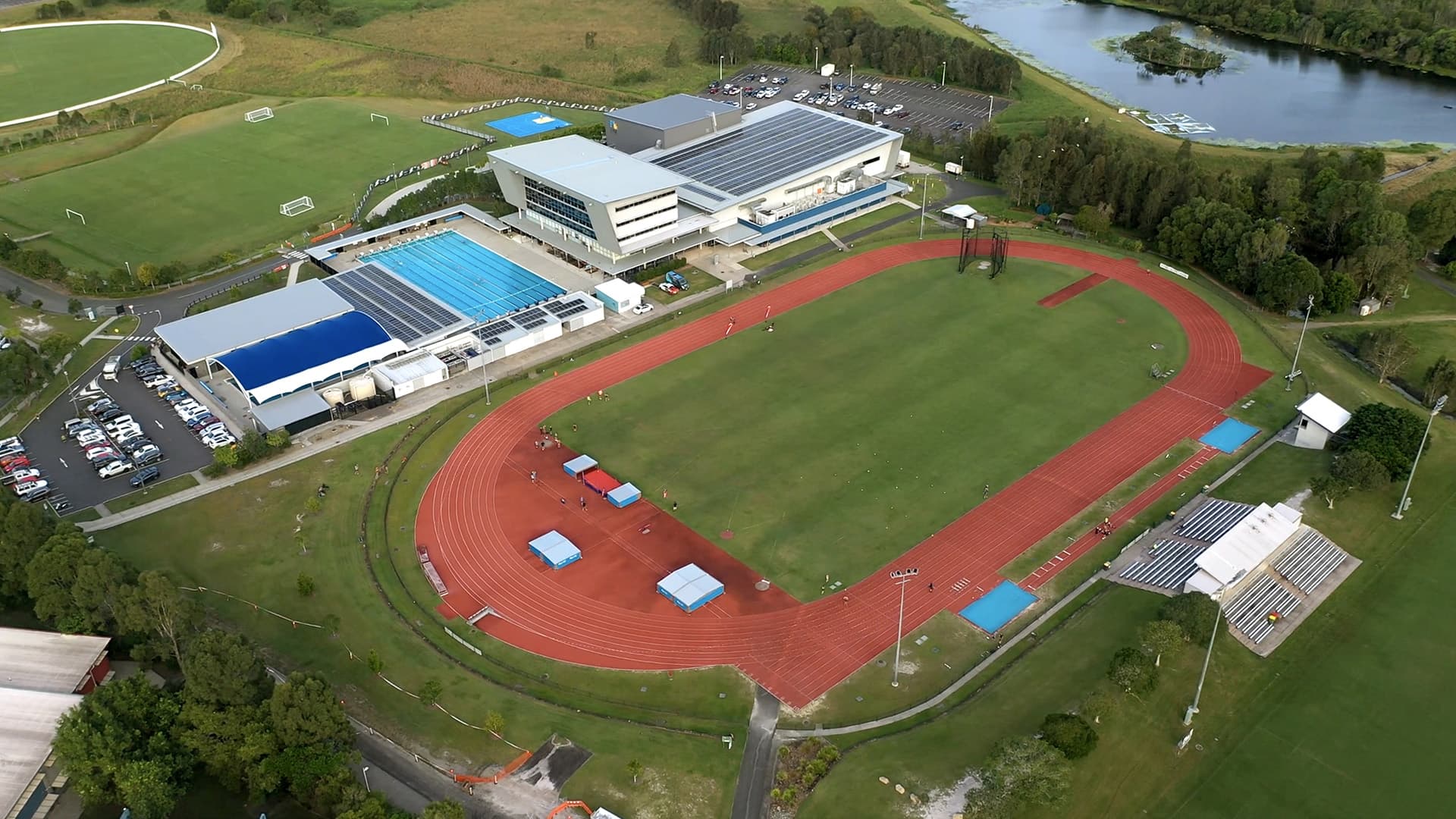 An aerial view of the UniSC Sport and Fitness Precinct athletics track and field.