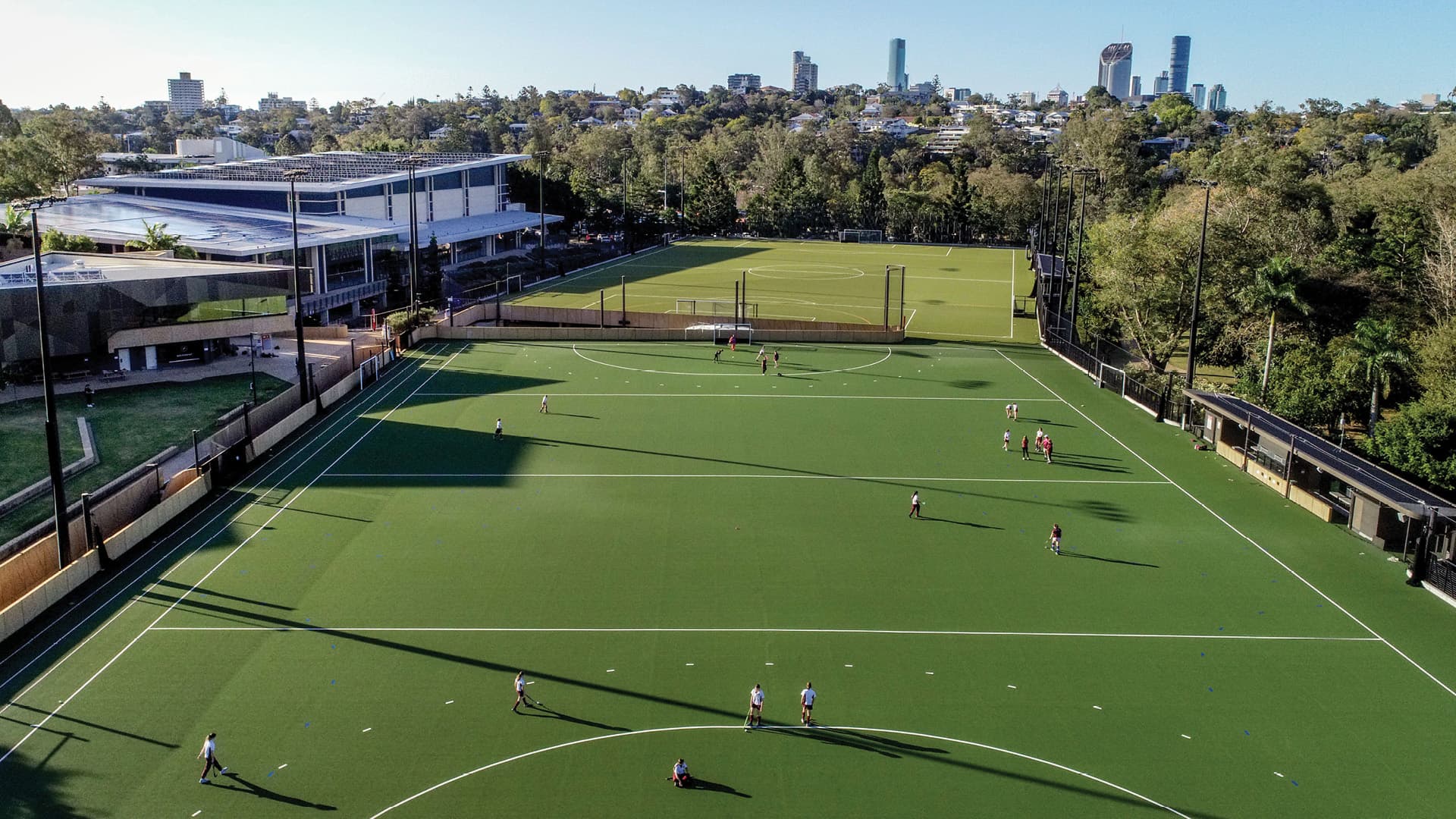 Aerial view of the sports fields at the University of Queensland.