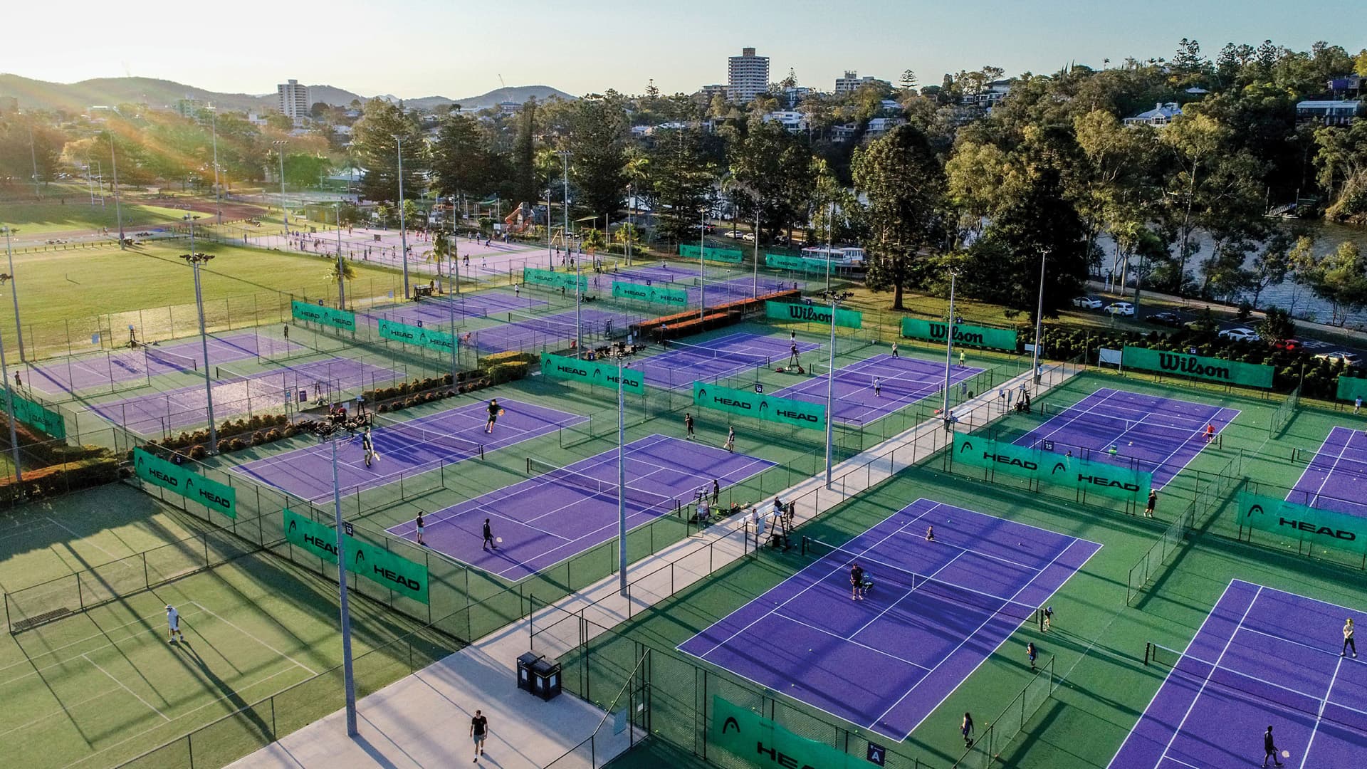 An aerial view of the tennis courts at the University of Queensland.