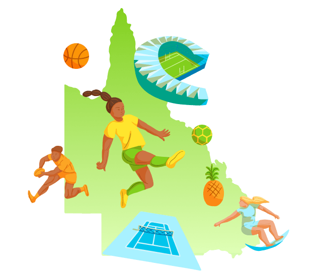 the state of Queensland covered with illustrations of people playing various sports